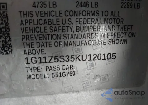 2019 Chevrolet Impala Lt z USA, uszkodzony, nr VIN 1G11Z5S35KU120105